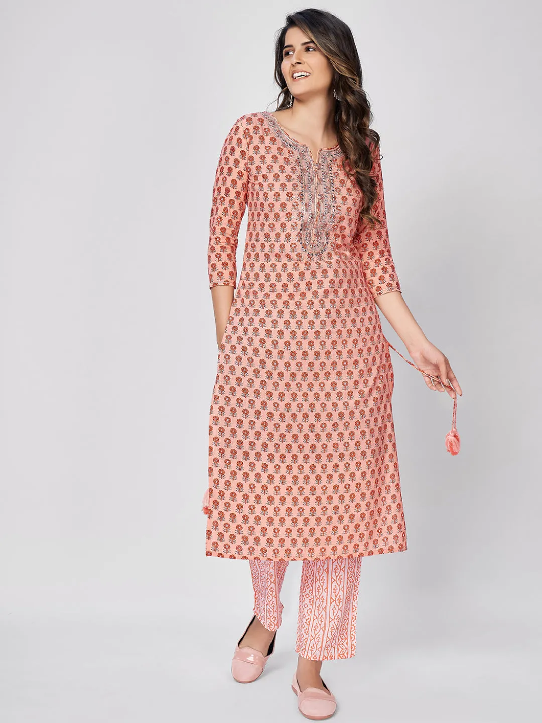 Women'S Printed & Embroidered Straight Cotton Orange Kurta Pant With Dupatta