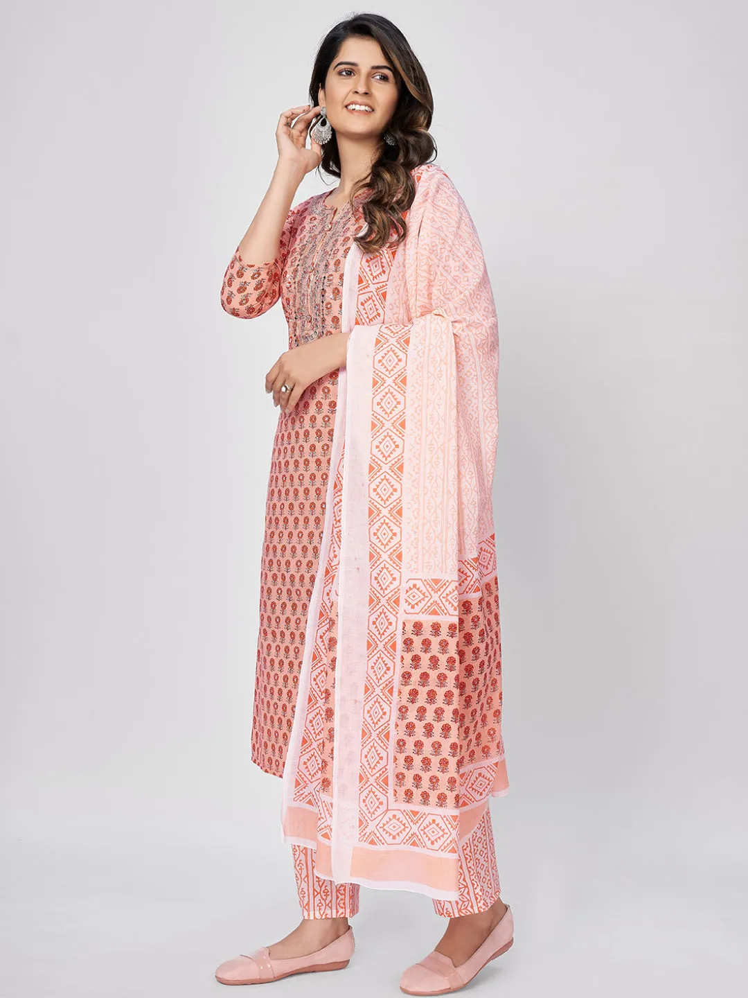 Women'S Printed & Embroidered Straight Cotton Orange Kurta Pant With Dupatta