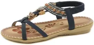Womens Sandals Flats Shoes,Comfortable Bohemian Beaded Dressy Summer Flat Casual Ankle Strap Elastic Beach Sandals