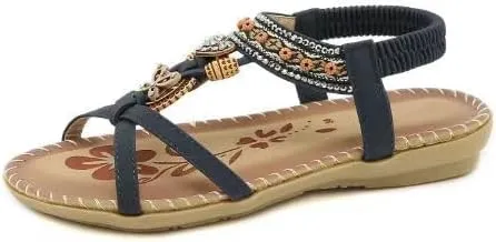 Womens Sandals Flats Shoes,Comfortable Bohemian Beaded Dressy Summer Flat Casual Ankle Strap Elastic Beach Sandals