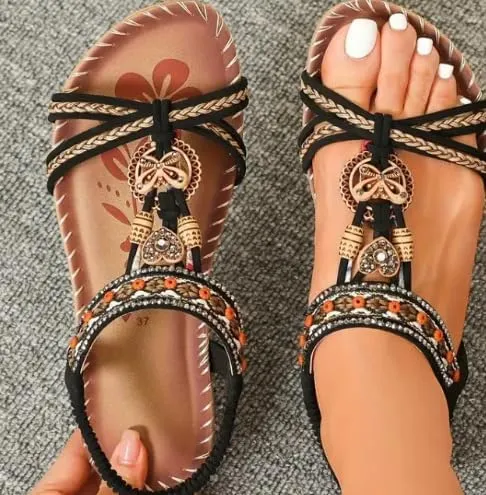 Womens Sandals Flats Shoes,Comfortable Bohemian Beaded Dressy Summer Flat Casual Ankle Strap Elastic Beach Sandals