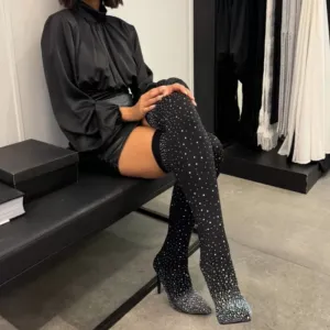 Womens Sparkly Faux Diamonds Over-the-Knee Boots