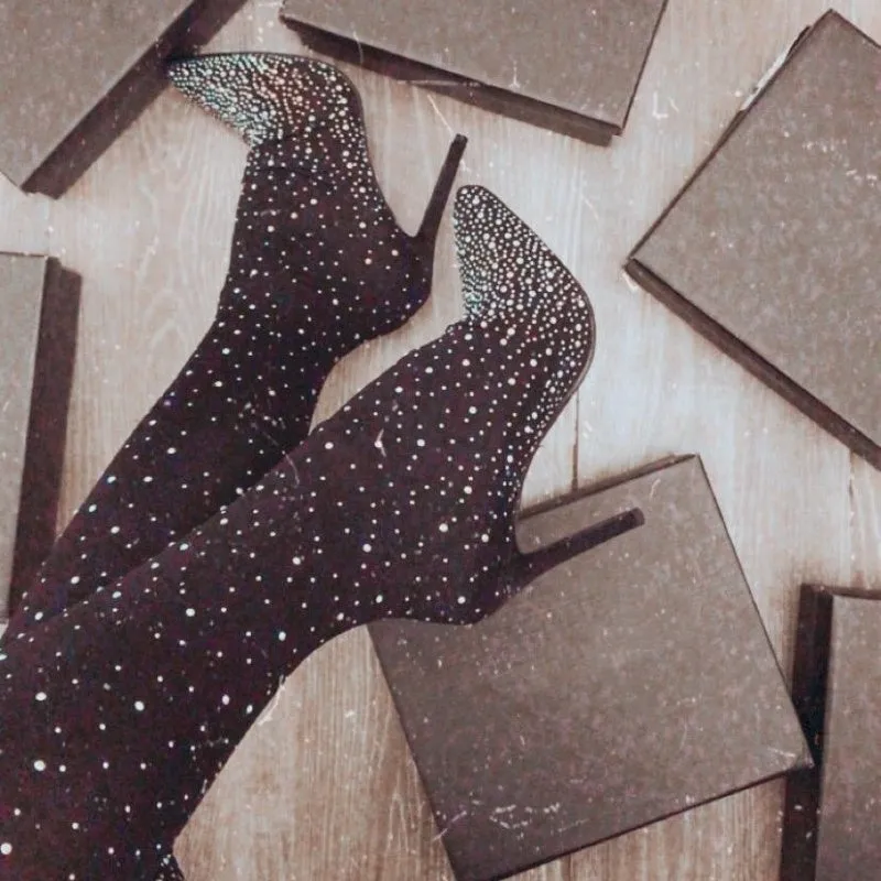 Womens Sparkly Faux Diamonds Over-the-Knee Boots