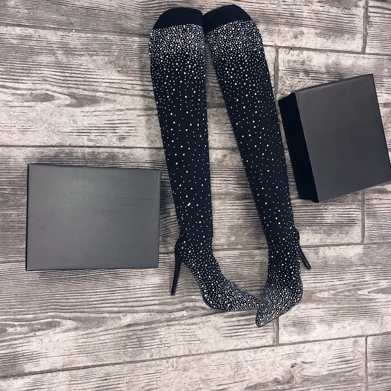 Womens Sparkly Faux Diamonds Over-the-Knee Boots