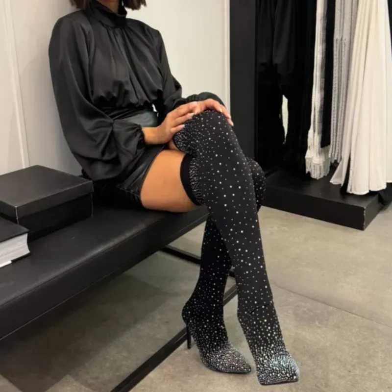 Womens Sparkly Faux Diamonds Over-the-Knee Boots