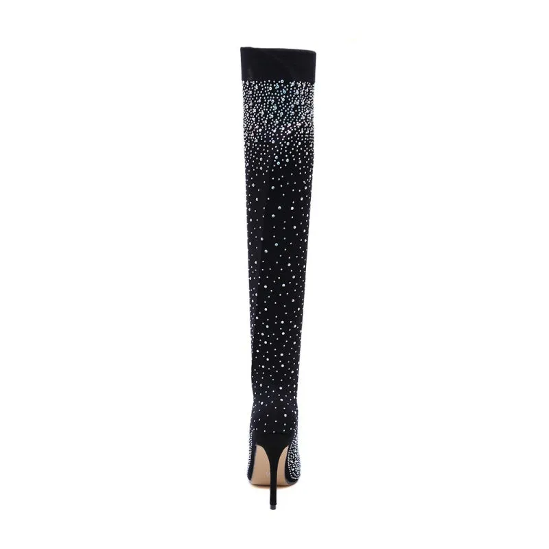 Womens Sparkly Faux Diamonds Over-the-Knee Boots