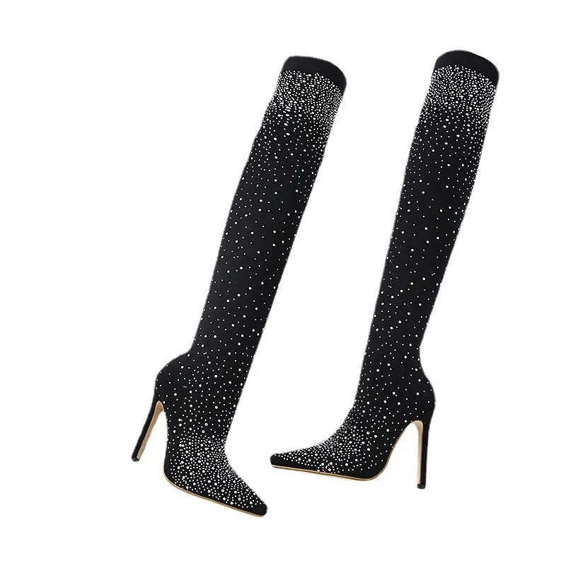 Womens Sparkly Faux Diamonds Over-the-Knee Boots