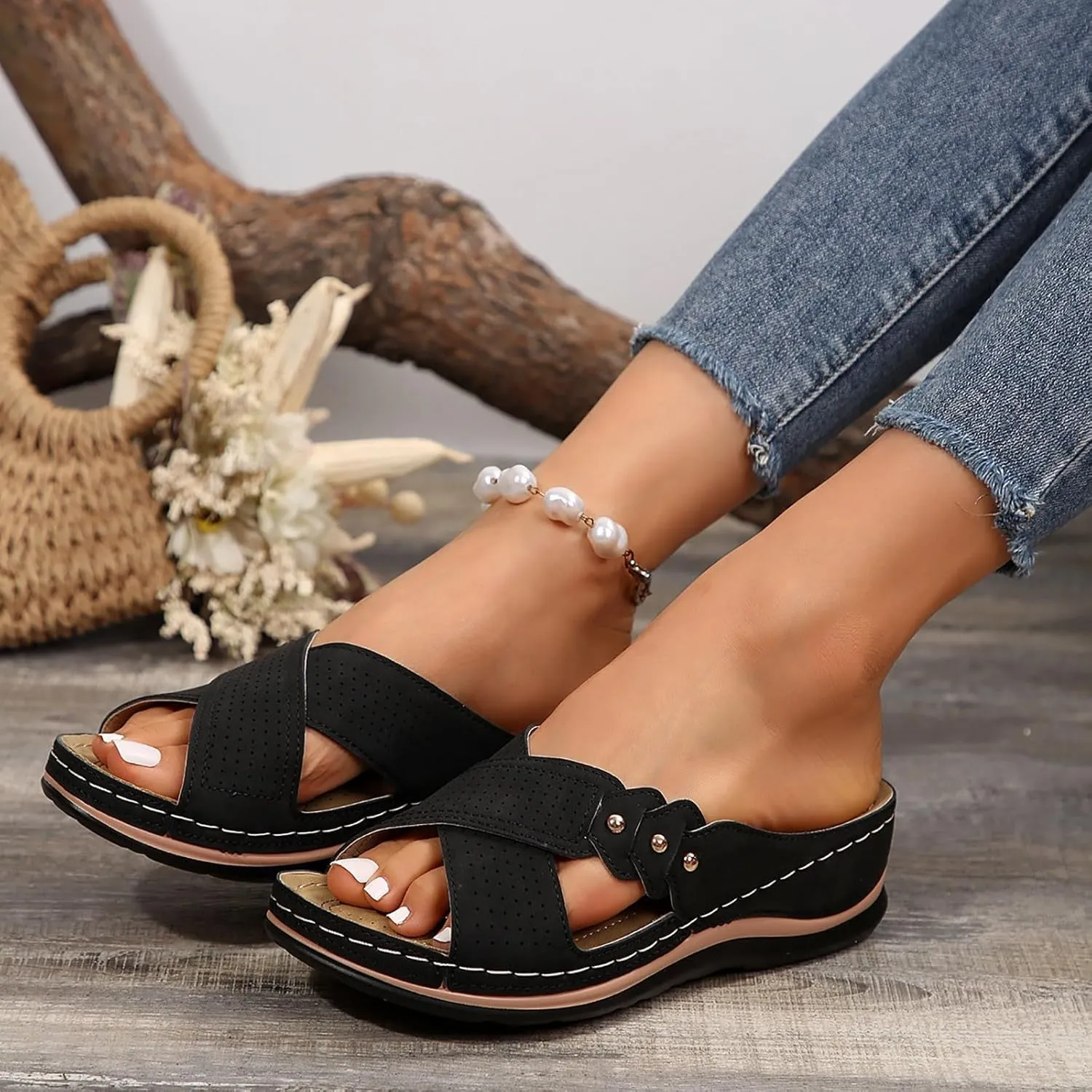Womens Wedge Sandals Comfortable Leather Dressy Orthopedic Sandals for Women Summer Arch Support Slip-On Slippers Rubber Sole, Walking, Casual Slip on Summer Shoes