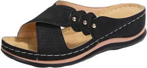 Womens Wedge Sandals Comfortable Leather Dressy Orthopedic Sandals for Women Summer Arch Support Slip-On Slippers Rubber Sole, Walking, Casual Slip on Summer Shoes