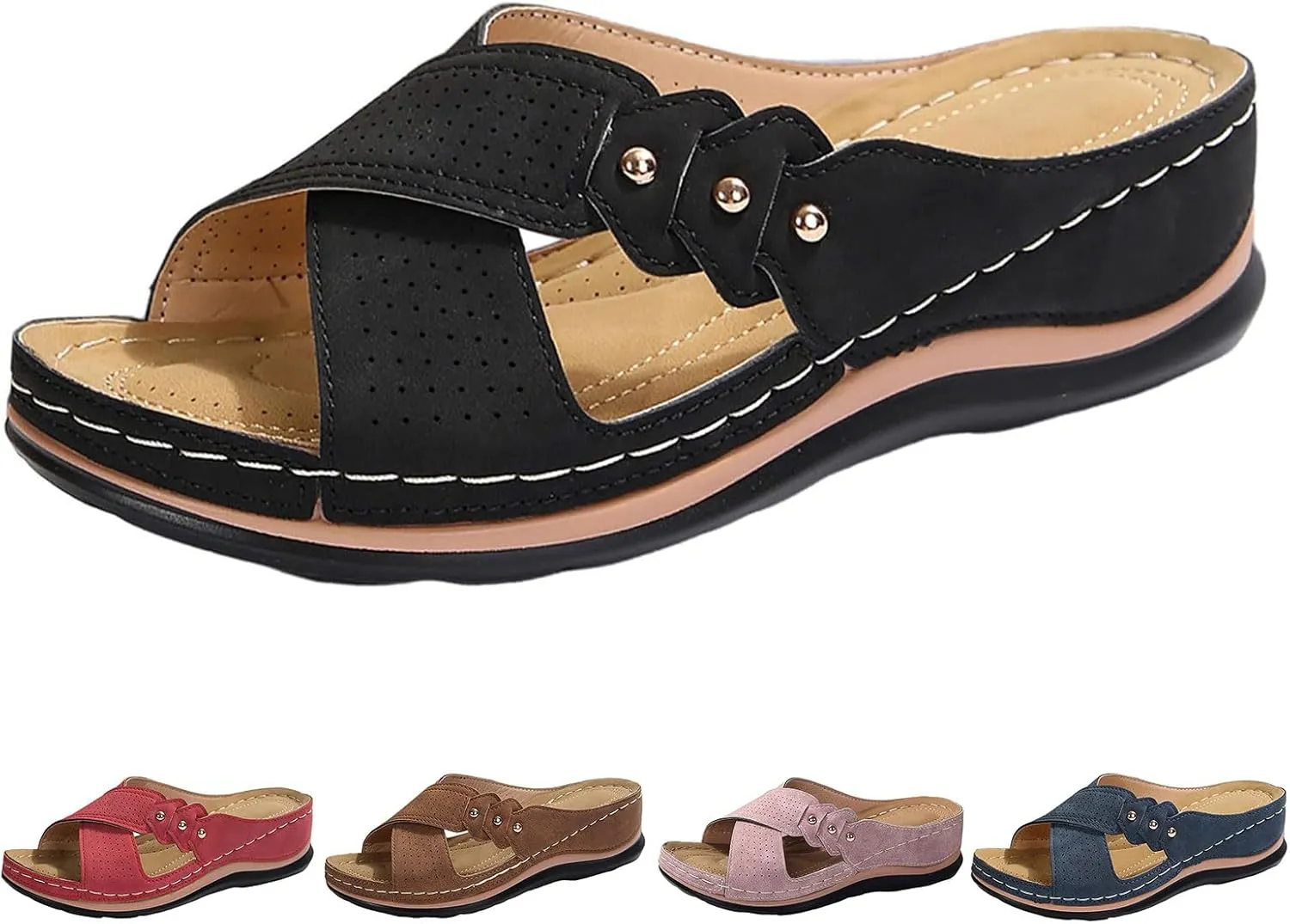 Womens Wedge Sandals Comfortable Leather Dressy Orthopedic Sandals for Women Summer Arch Support Slip-On Slippers Rubber Sole, Walking, Casual Slip on Summer Shoes