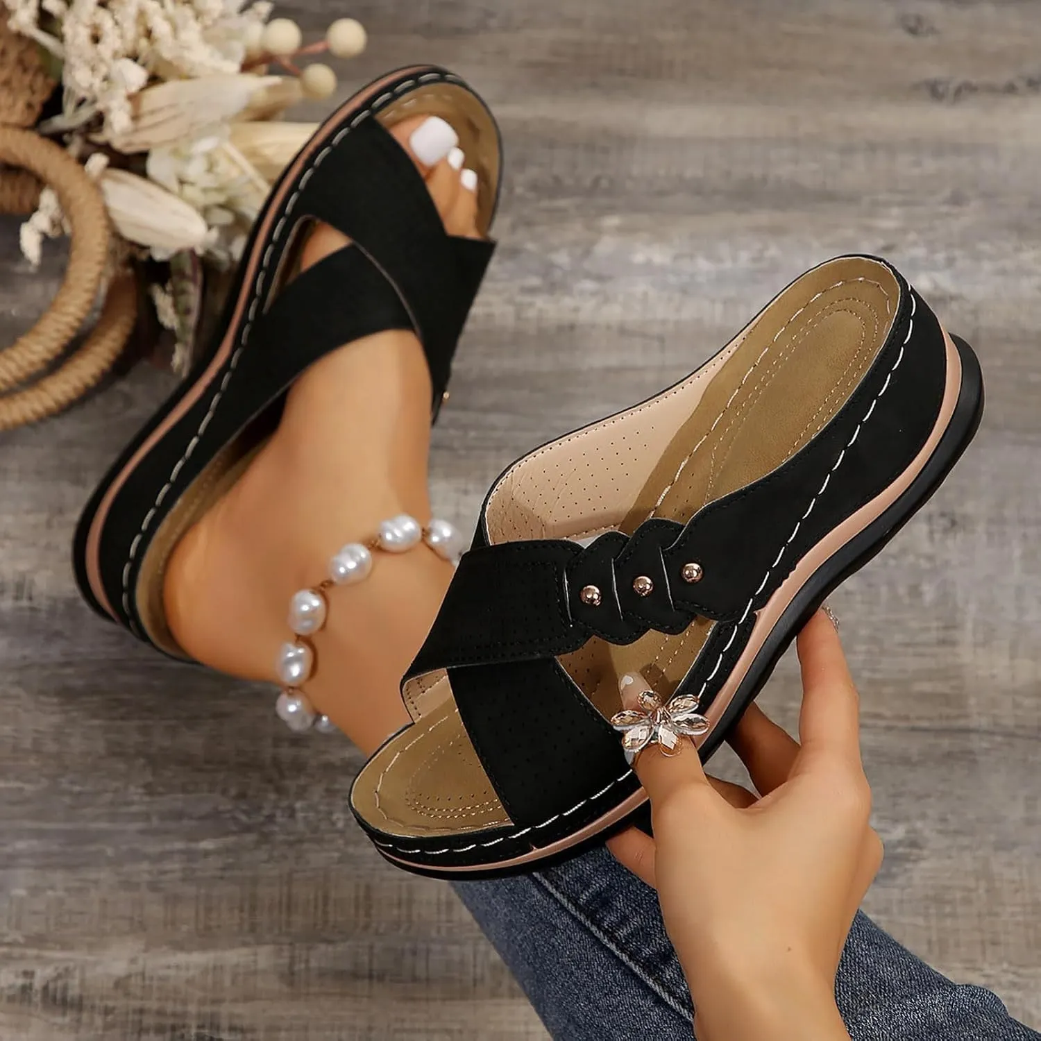 Womens Wedge Sandals Comfortable Leather Dressy Orthopedic Sandals for Women Summer Arch Support Slip-On Slippers Rubber Sole, Walking, Casual Slip on Summer Shoes