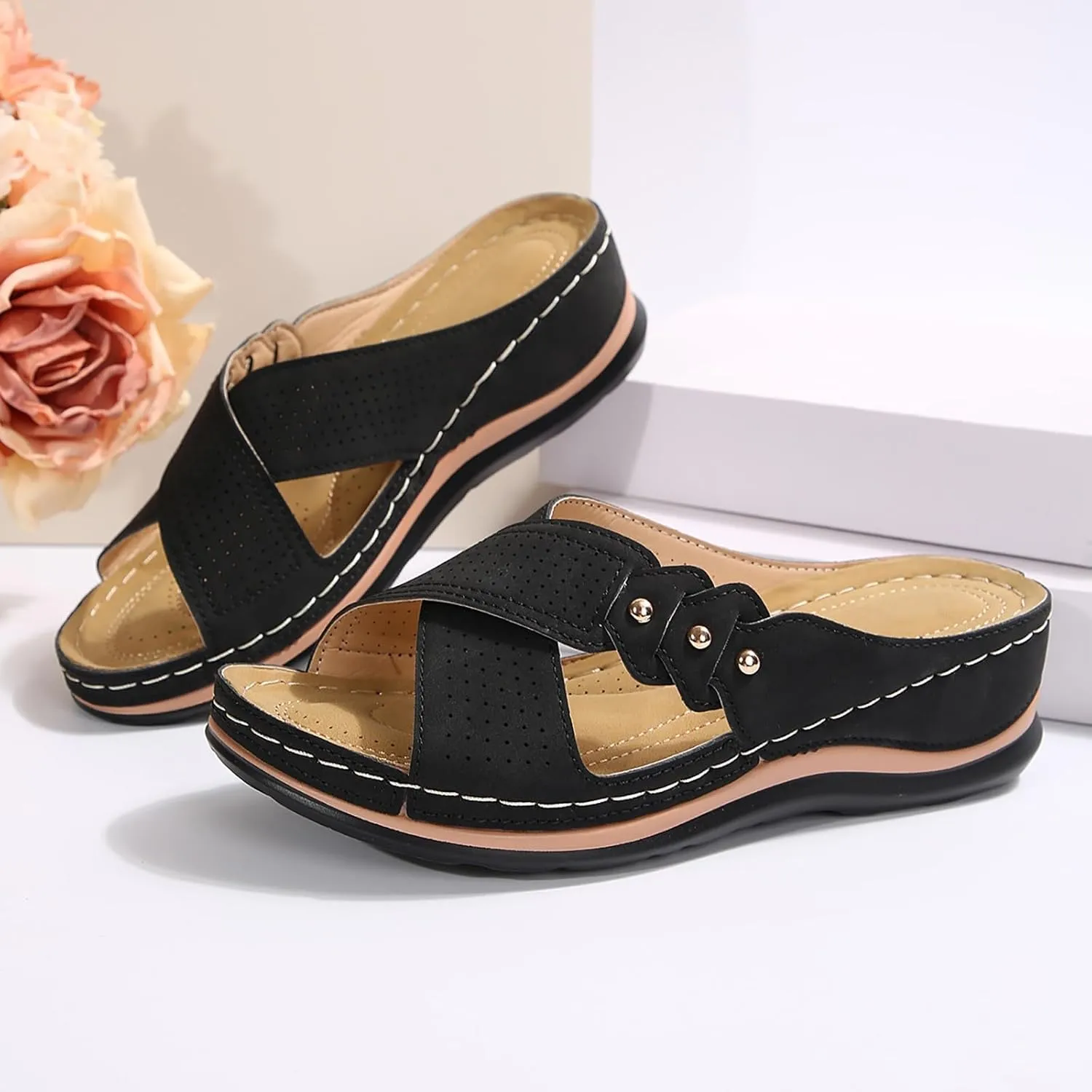Womens Wedge Sandals Comfortable Leather Dressy Orthopedic Sandals for Women Summer Arch Support Slip-On Slippers Rubber Sole, Walking, Casual Slip on Summer Shoes